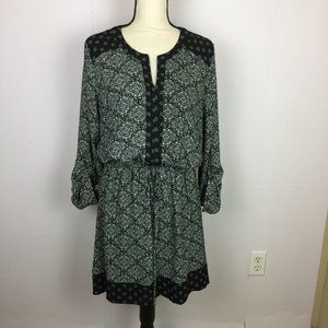 DR2 Casual Dress Size L Womans Black White Paisley Roll Tab Sleeve Elastic Waist